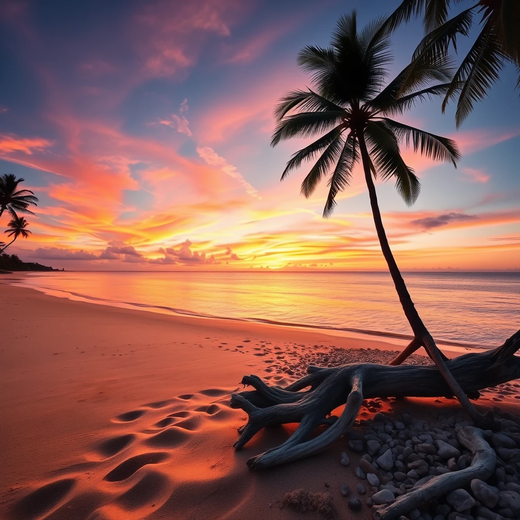 flux ai image1 about Tropical beach sunset with palm tree