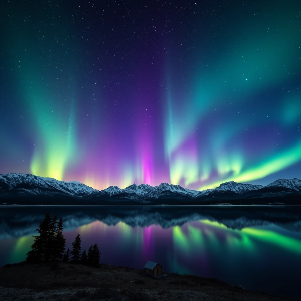 flux ai image2 about Aurora borealis over snowy mountains and lake