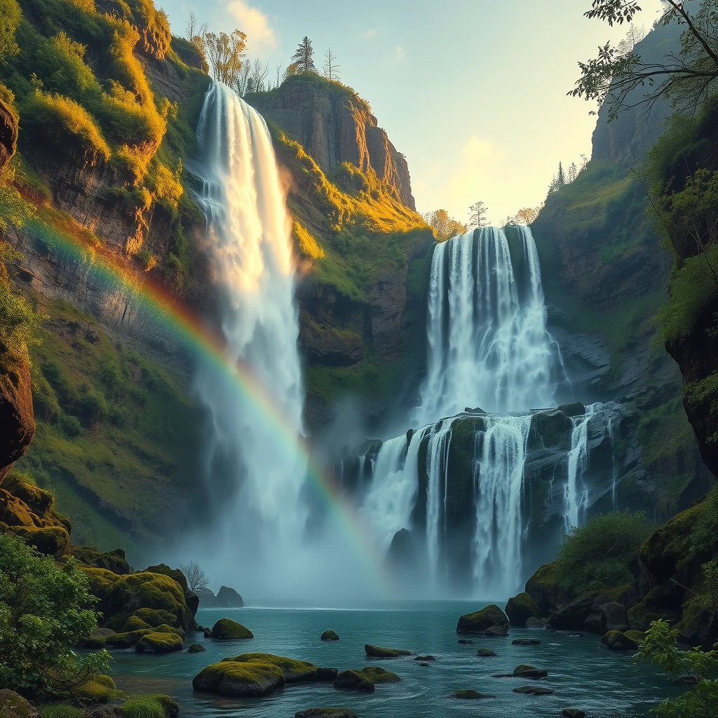 flux ai image3 about Majestic waterfalls with rainbow in lush canyon