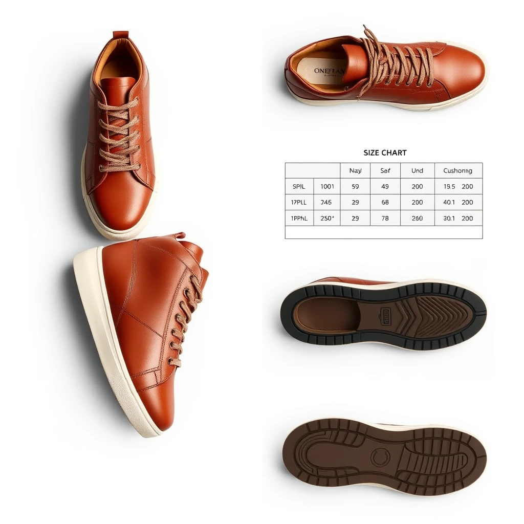 flux ai image5 about Stylish brown leather sneakers with white soles, product showcase with multiple angles and size chart