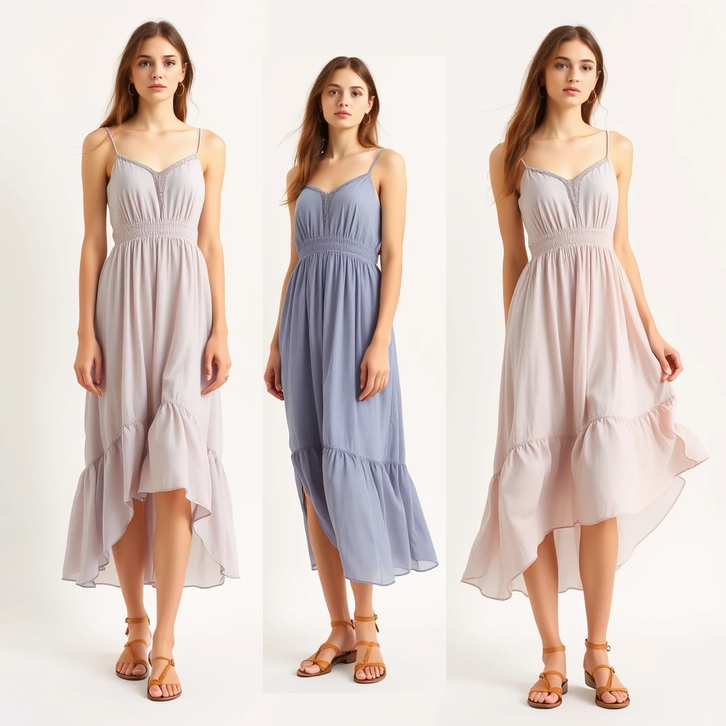 flux ai image6 about Ethereal summer maxi dresses in pastel colors, spaghetti straps, empire waist, and asymmetrical hemlines modeled by young women