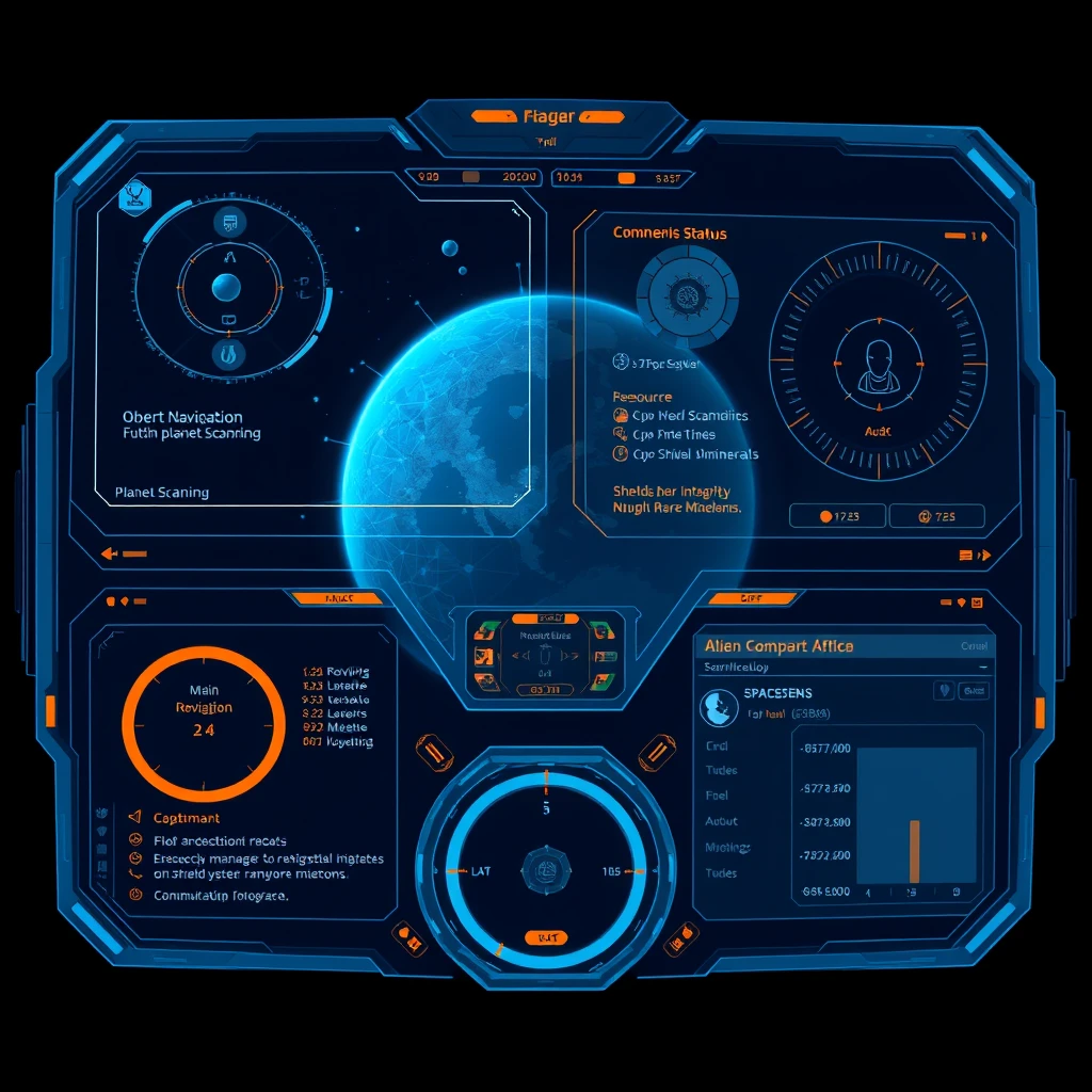 flux ai image8 about Futuristic sci-fi spaceship control panel, holographic user interface, blue and orange color scheme, planet scanning display, alien technology, space exploration HUD, advanced navigation system, digital gauges and readouts, dark background, high-tech UI design